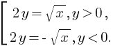 delim{[}{matrix{2}{1}{{2y=sqrt{x}, y gt 0,}{2y=-sqrt{x}, y lt 0.}}}{}